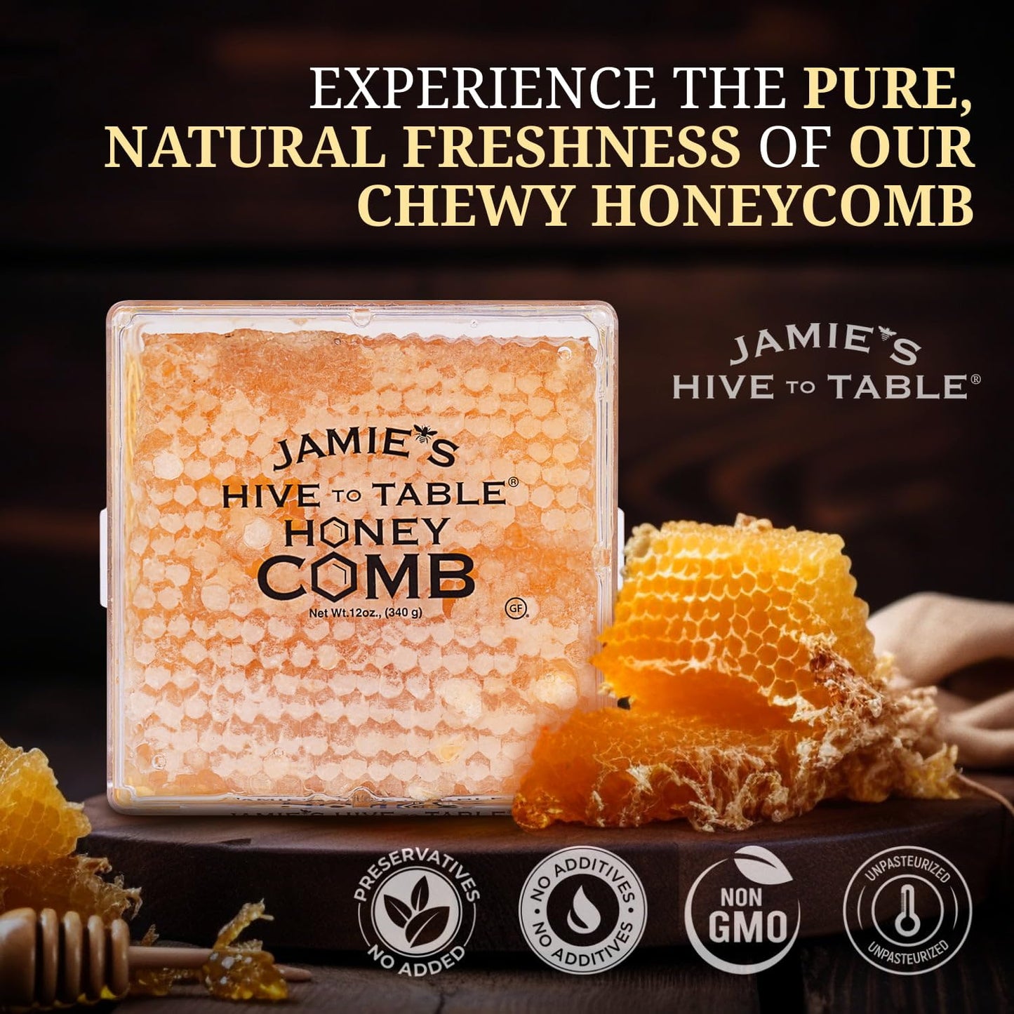 Jamie'S Hive To Table 100% Raw Honeycomb, 12 Oz - All-Natural Pure Georgia Honeycomb, No Additives Or Preservatives, Non-Gmo
