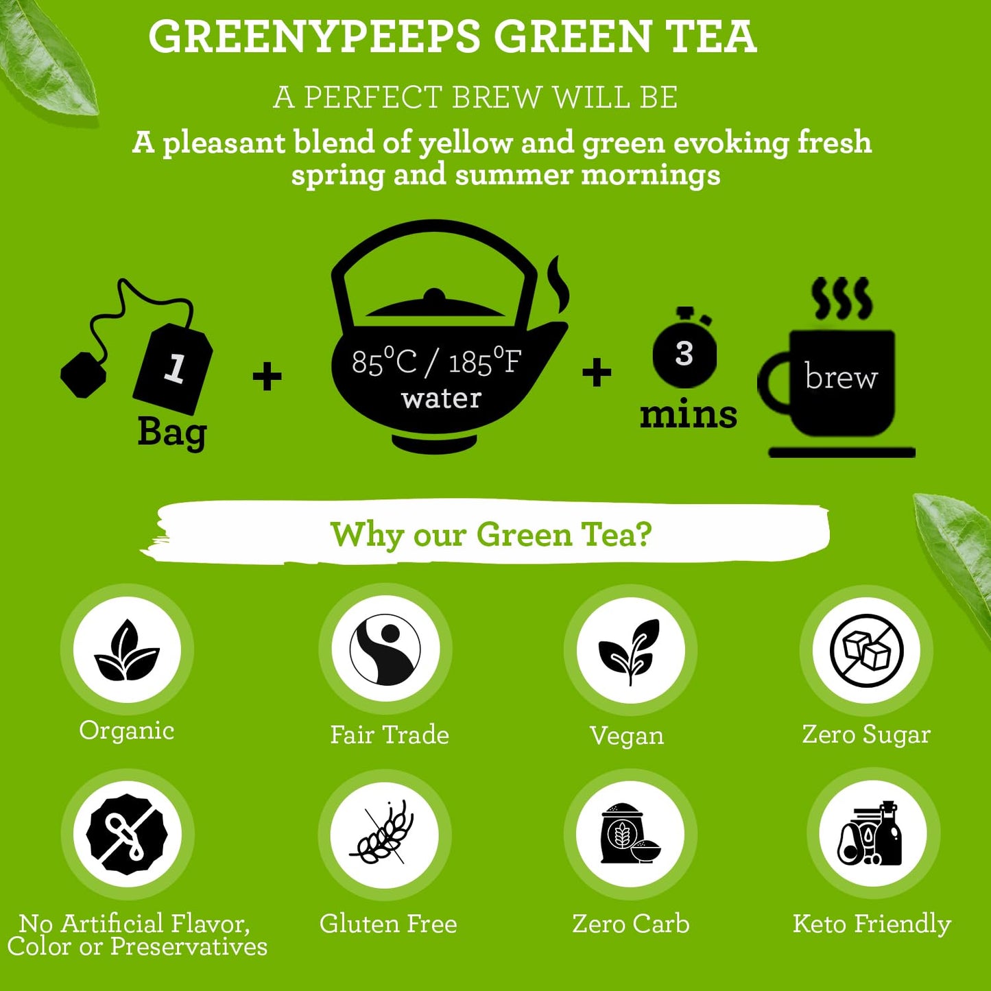 Greenypeeps Organic Green Tea Bags - Refreshing And Mellow Flavor - Pure Green Tea From Tender Top Leaves - Net Carbon Negative