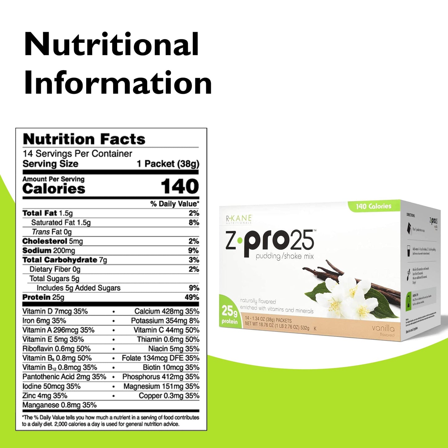 R-Kane Nutritionals Z-Pro Vanilla Protein Drink Mix - High Protein, Low Calorie Low Fat Shake And Pudding Mix - Meal Replacement, On-The-Go Packets - Breakfast Boost - 25G Protein - 14 Packets