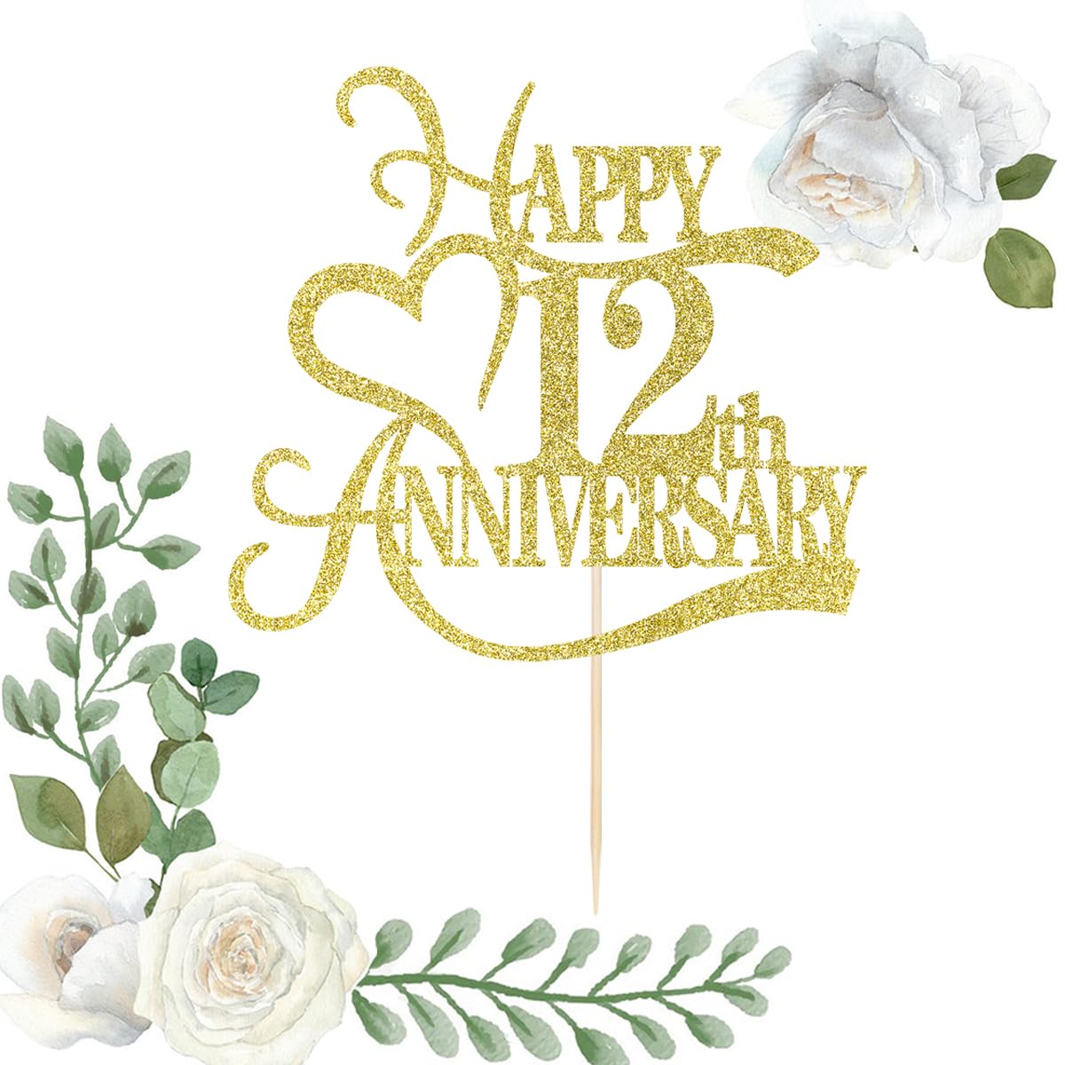Yetxel Gold Glitter Cake Topper - 12th Anniversary Party Decoration - Paper - 12th Birthday Decorations