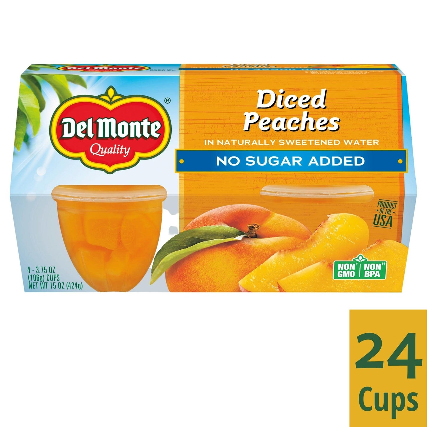 Del Monte No Sugar Added Diced Peaches Fruit Cup Snacks, 3.75 oz Cup (Pack of 24 Cups)