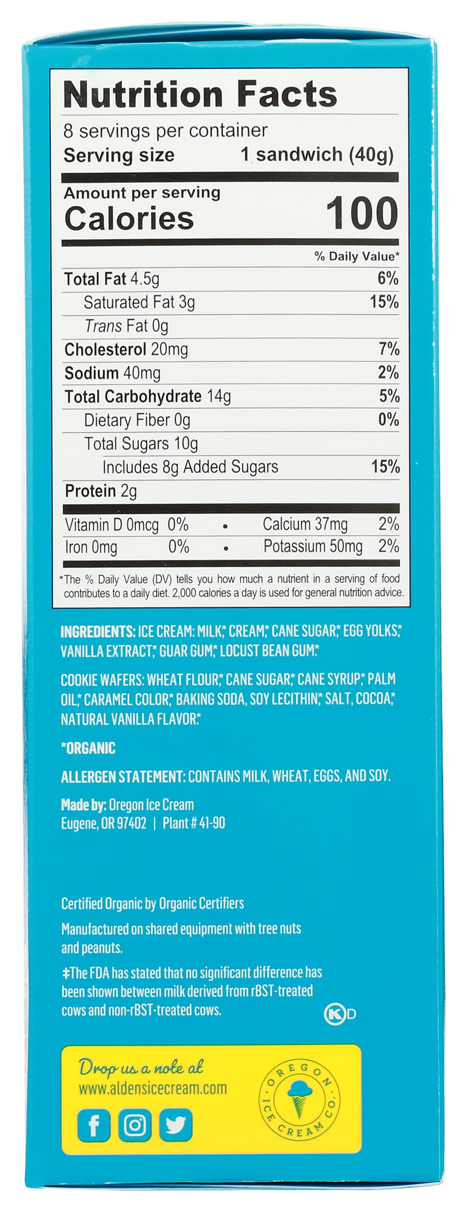 Aldens, Ice Cream Sandwich Vanilla Organic, 8 Count, 16 Fl Oz
