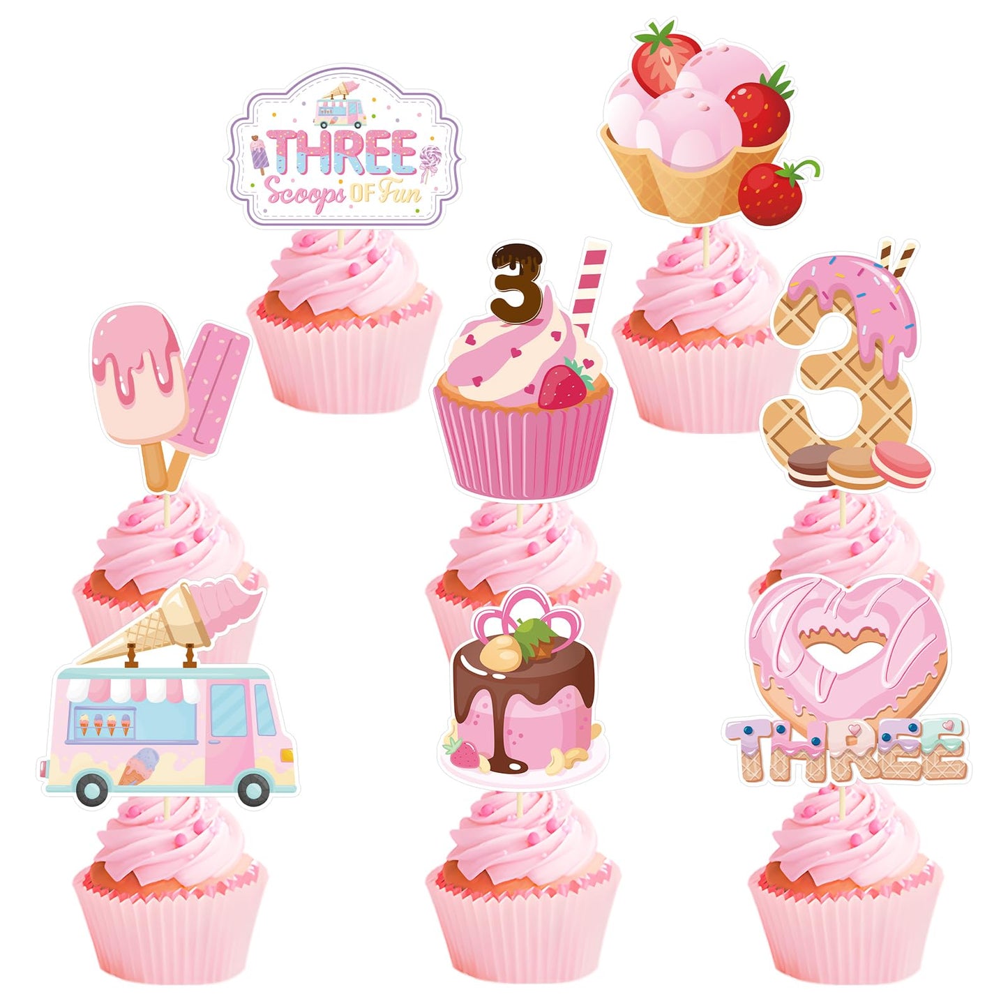 Ice Cream Birthday Party Decorations - Joybileefun 40PCS Three Scoops of Fun Birthday Decorations Cupcake Toppers 3rd Birthday D