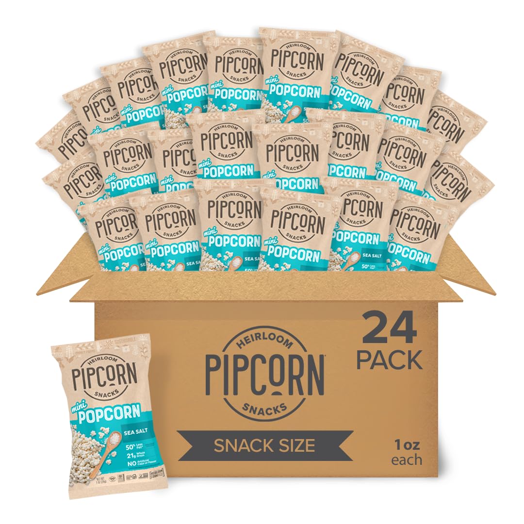 Pipcorn Mini Heirloom Popcorn - Sea Salt, 1oz Pack of 24 - Gluten Free Healthy Snack