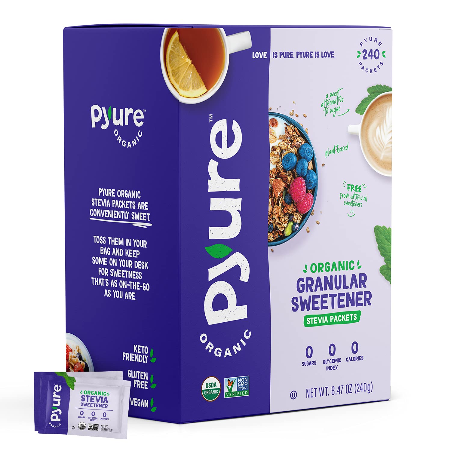 Pyure Organic Stevia Packets | Granulated Sugar Packets - White Sugar Substitute | Zero Carb, Zero Sugar, Zero Calorie Sweetener