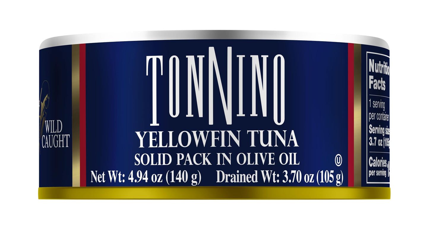 Tonnino Tuna Fish Yellowfin Pole&Line - Solid Pack In Olive Oil - Pack Of 12 - Alternative To Salmon - Protein Snacks - Ready To Eat Meals In Can