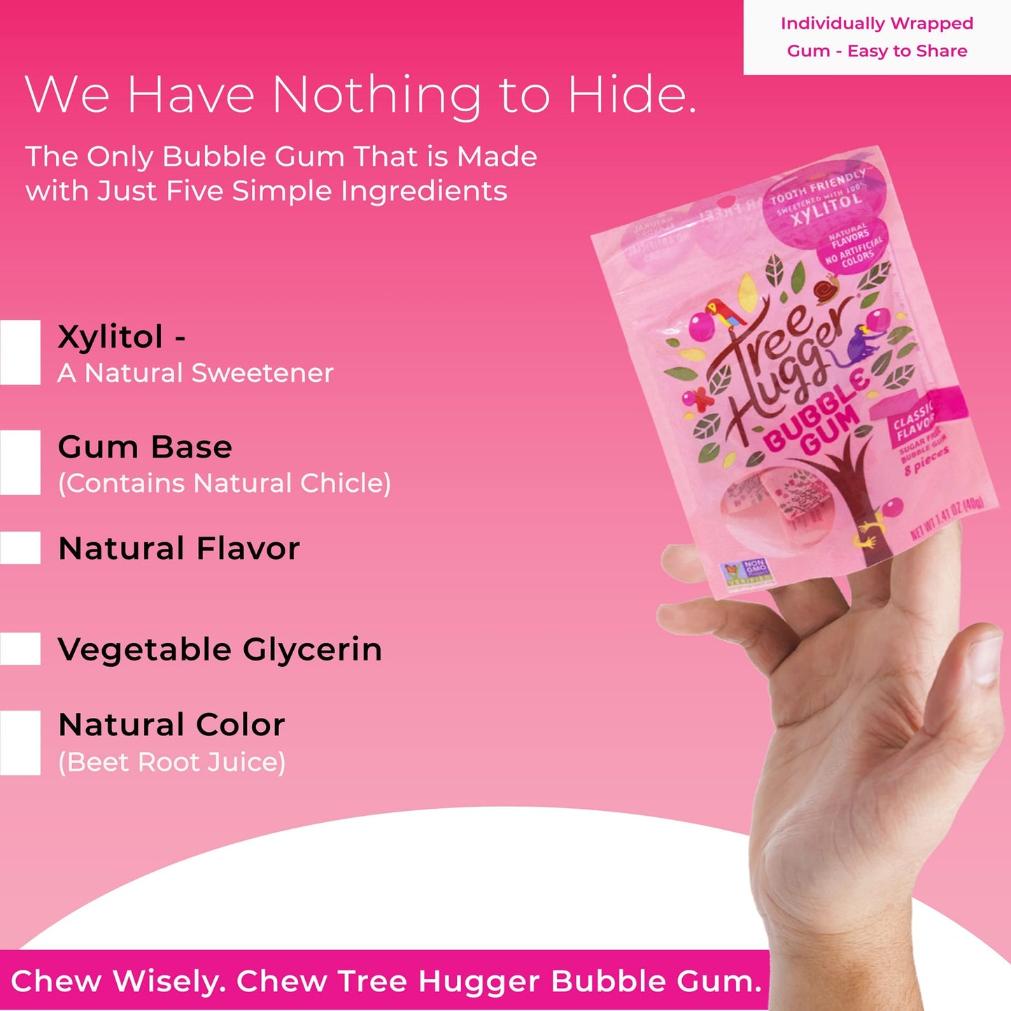 Tree Hugger Classic Bubble Gum with Xylitol, 8 Count (Pack of 12), 100% Tooth Friendly, Sweetened, 1.4 oz per Bag