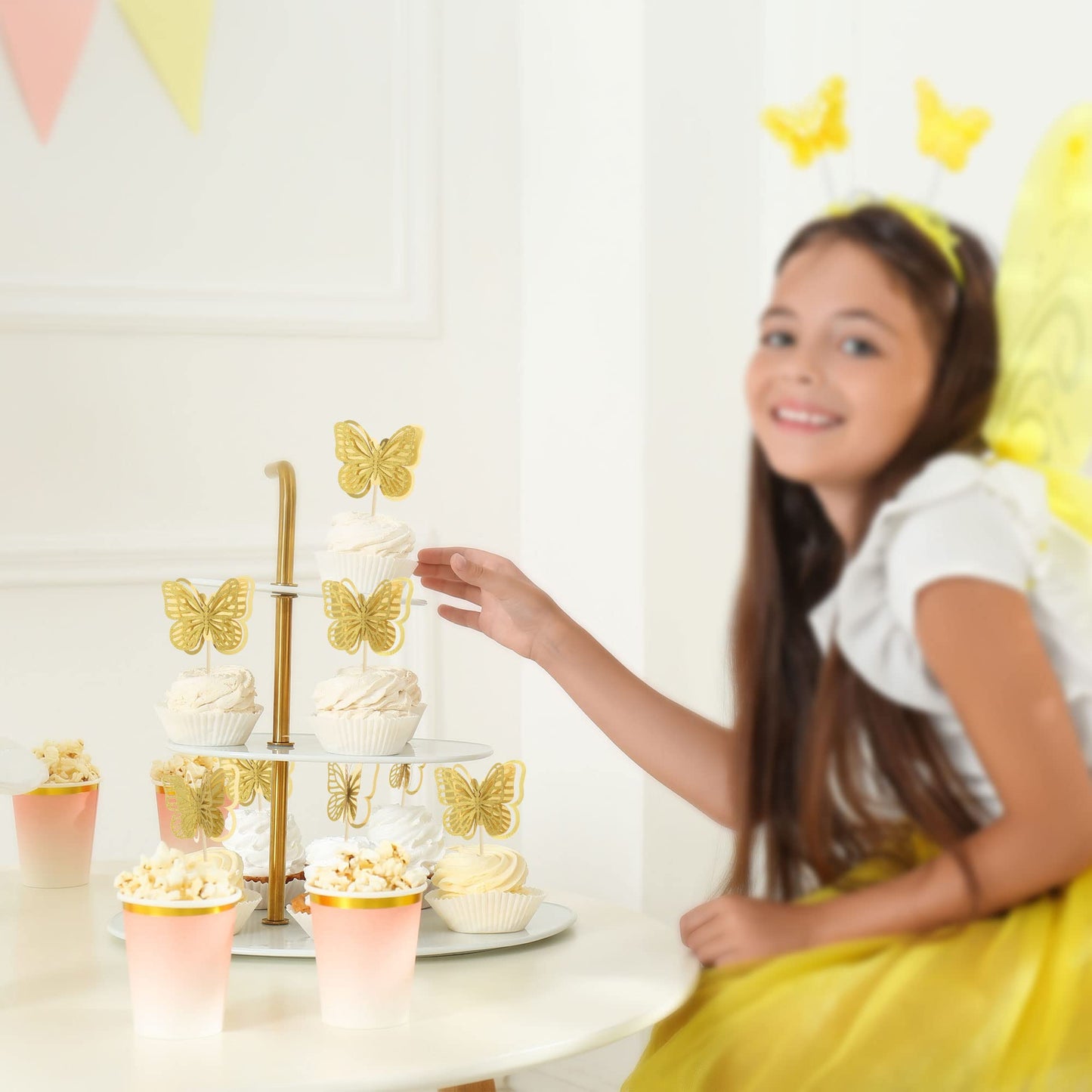 Gyufise 24 Pack 3D Butterfly Cupcake Toppers Assembled Double Layers Gold Glitter Butterfly Cupcake Picks Decorations For Baby S
