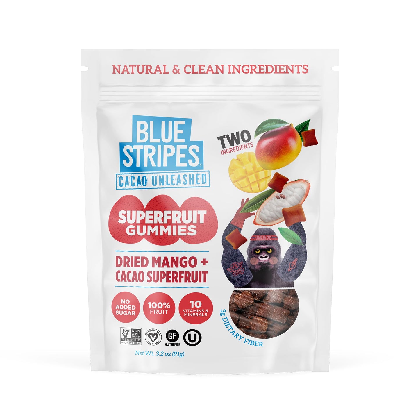 Blue Stripes Cacao Superfruit Gummies - Vegan Chewy Fruity Snack  No Sugar Added 100% Fruit Gummy  9 Essential Vitamins & Minerals  Natural Tropical Superfood - Mango & Cacao  3.2oz