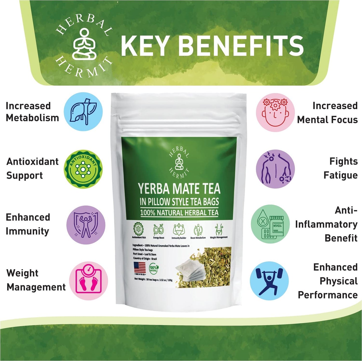 Herbal Hermit Yerba Mate Herbal Tea, 50 Tea Bags, 3.5 Ounce, Natural, Rich in Chlorophyll, Made in USA