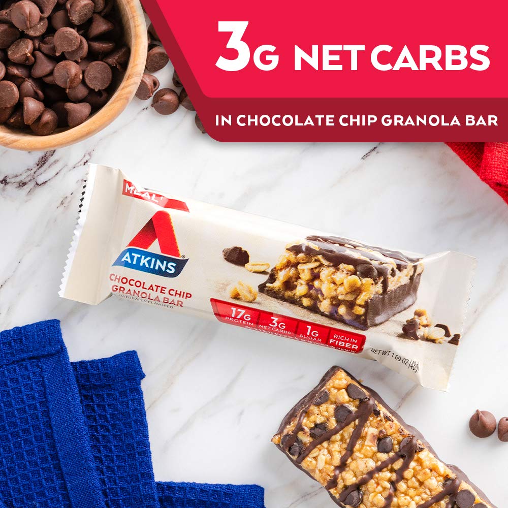 Atkins Chocolate Chip Granola Protein Meal Bar, High Fiber, 17g Protein, 1g Sugar, 3g Net Carbs, Meal Replacement, Keto Friendly