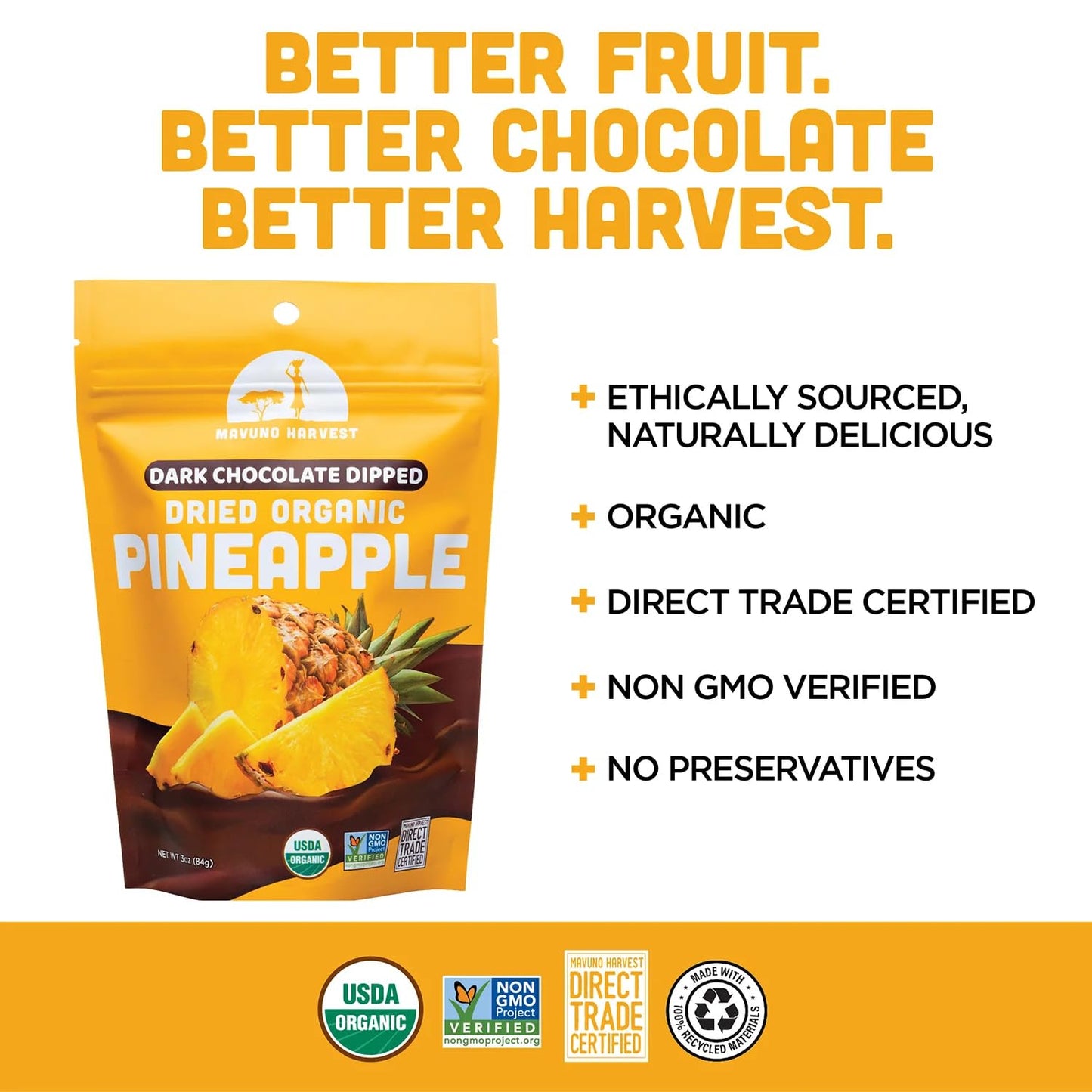 Mavuno Harvest Organic Chocolate Covered Pineapple - Organic Dried Pineapple Dipped in Dark Chocolate - Non GMO, Fair Trade & Ve