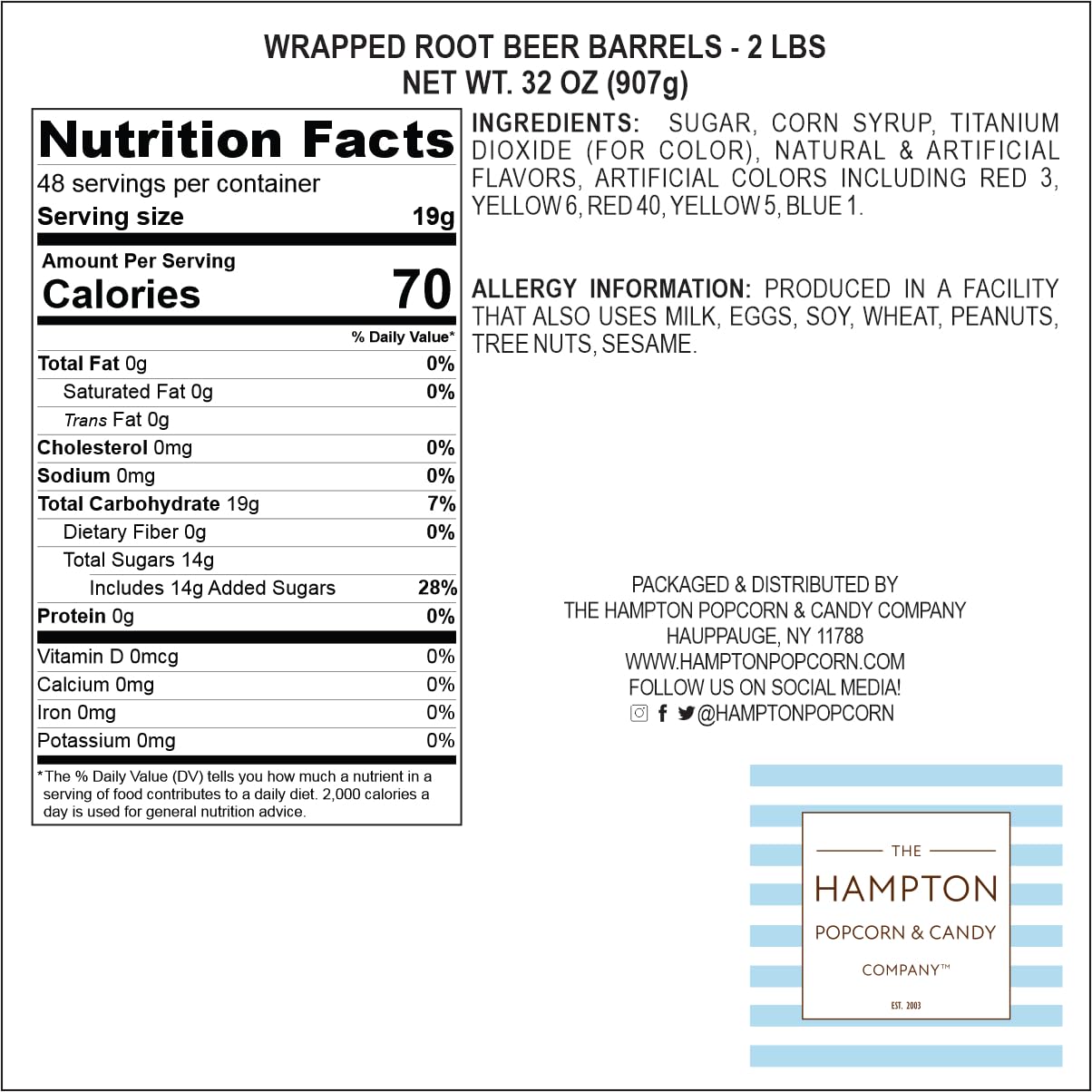 The Hampton Popcorn Root malt-inspired Barrels Hard Candy - 2lb Bulk Bag, Individually Wrapped, Old Fashioned  , Approximately 130 pcs