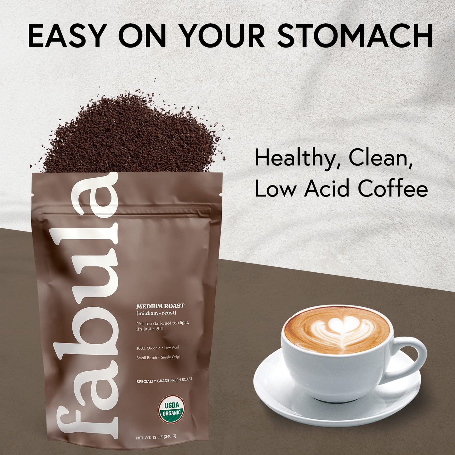 Fabula Low Acid Organic Ground Coffee, Medium Roast, 12 oz, Non-GMO, Mycofree from harsh ingredients