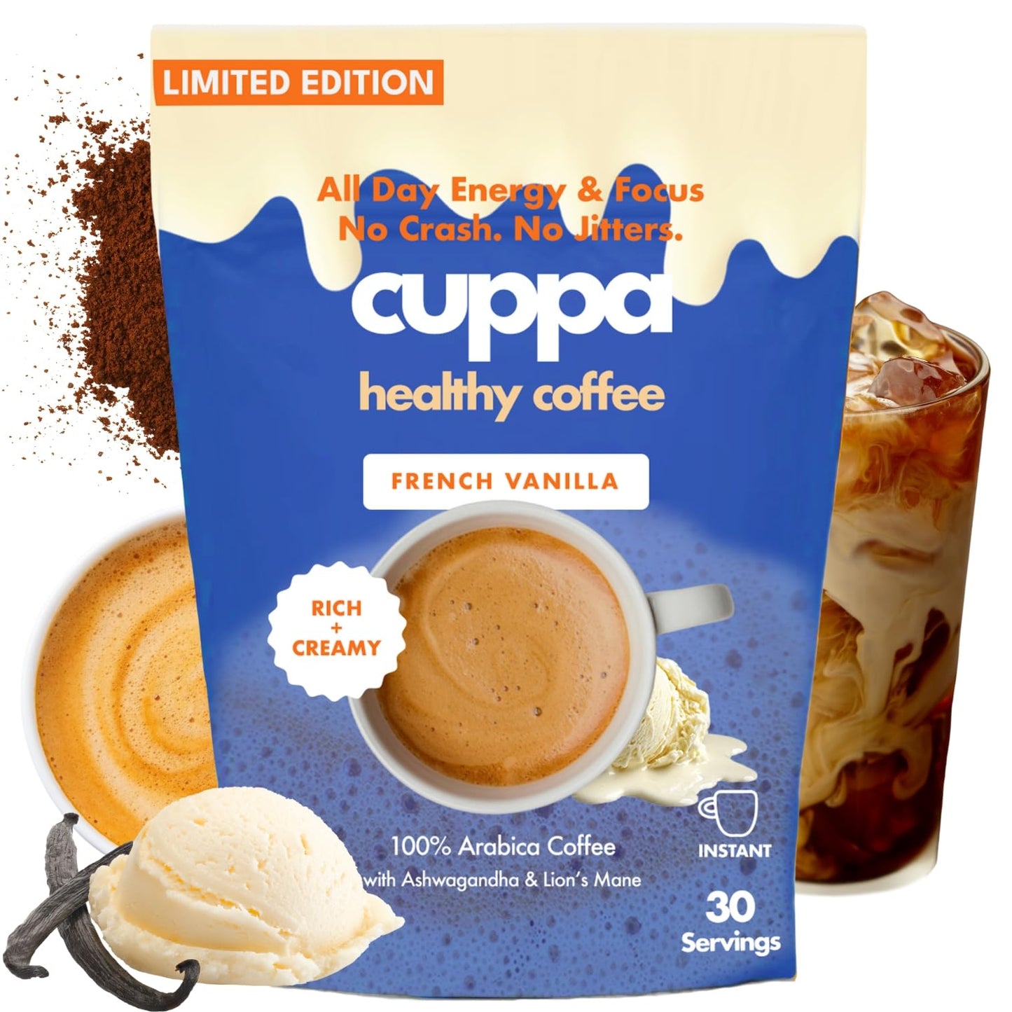 Cuppa French VanillaHealthy Mushroom Instant Coffee with Lions Mane & Ashwagandha for All Day Energy & Focus - No Crash or Jitters - Nootropics for Brain Health  Gut Health  Immunity  Stress  Memory + Mood - 30 Servings