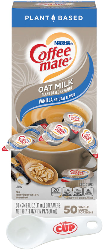 Nestle Coffee mate Plant Based Liquid Coffee Creamer Singles, Vanilla Flavored Oat Milk, 50 Ct Box with By The Cup Coffee Scoop