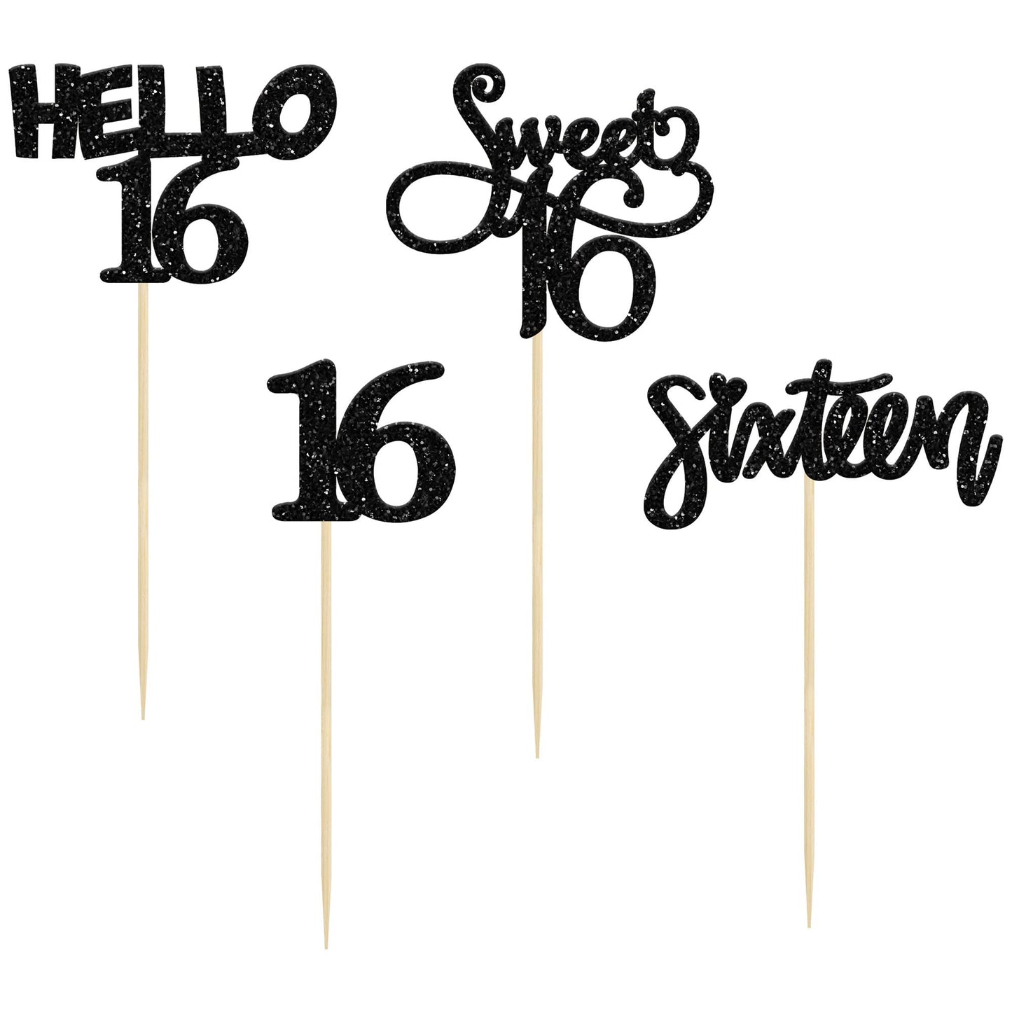 Gyufise 24Pcs Black Glitter 16Th Birthday Cupcake Toppers Sweet 16 Cake Toppers Hello 16 Sixteen Cupcake Picks For 16Th Birthday