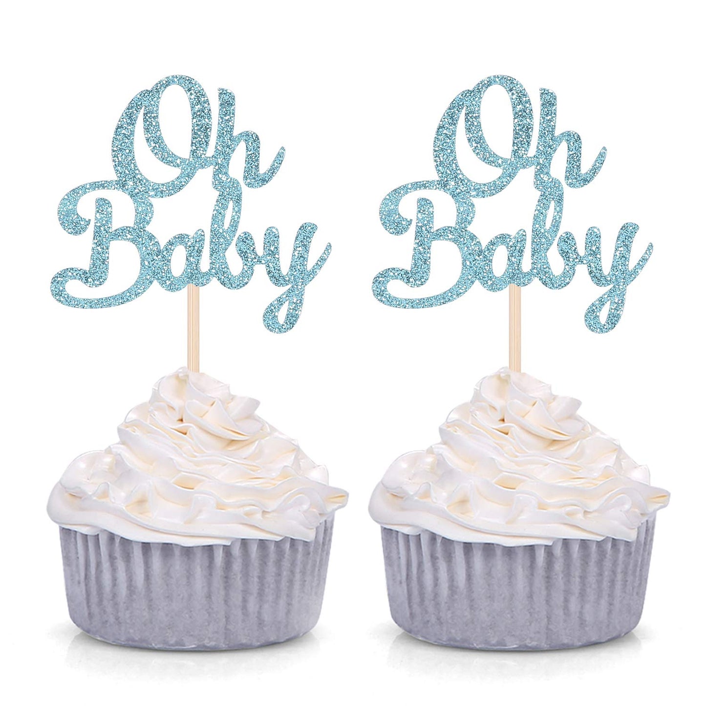 Blue Glitter Oh Baby Cupcake Toppers Baby Shower Boy'S First Birthday Party Decorations (Pack Of 24)