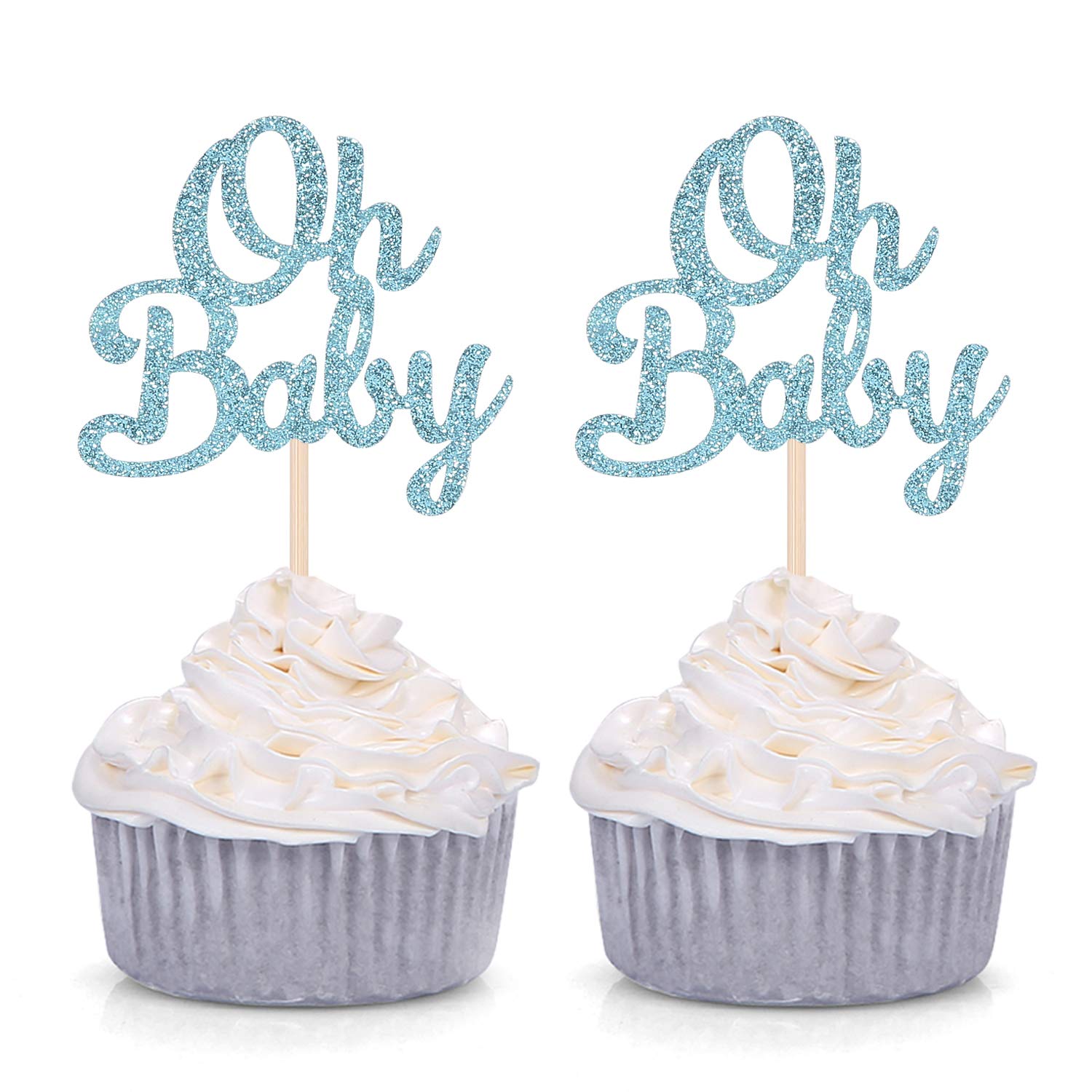 Blue Glitter Oh Baby Cupcake Toppers Baby Shower Boy'S First Birthday Party Decorations (Pack Of 24)
