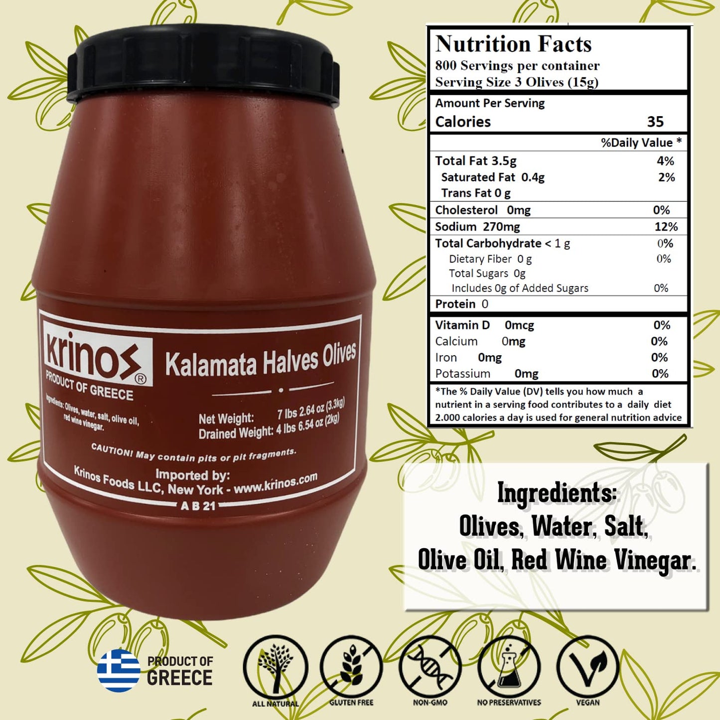 Krinos Kalamata Olives Halves, 4.4 lb, Mediterranean Delicacy, Perfect for Salads and Tapas