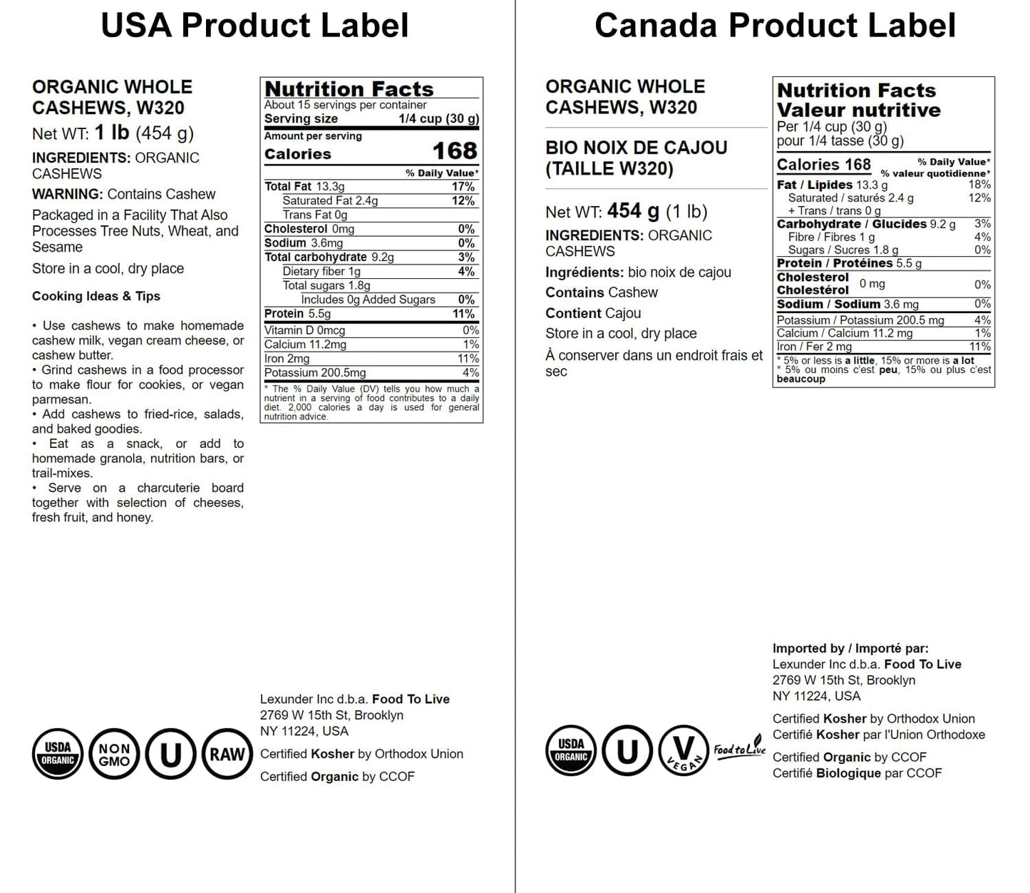 Food To Live - Organic Cashews, 1 Pound Whole, Unsalted, Non-Gmo, Kosher, Raw, Vegan, Bulk