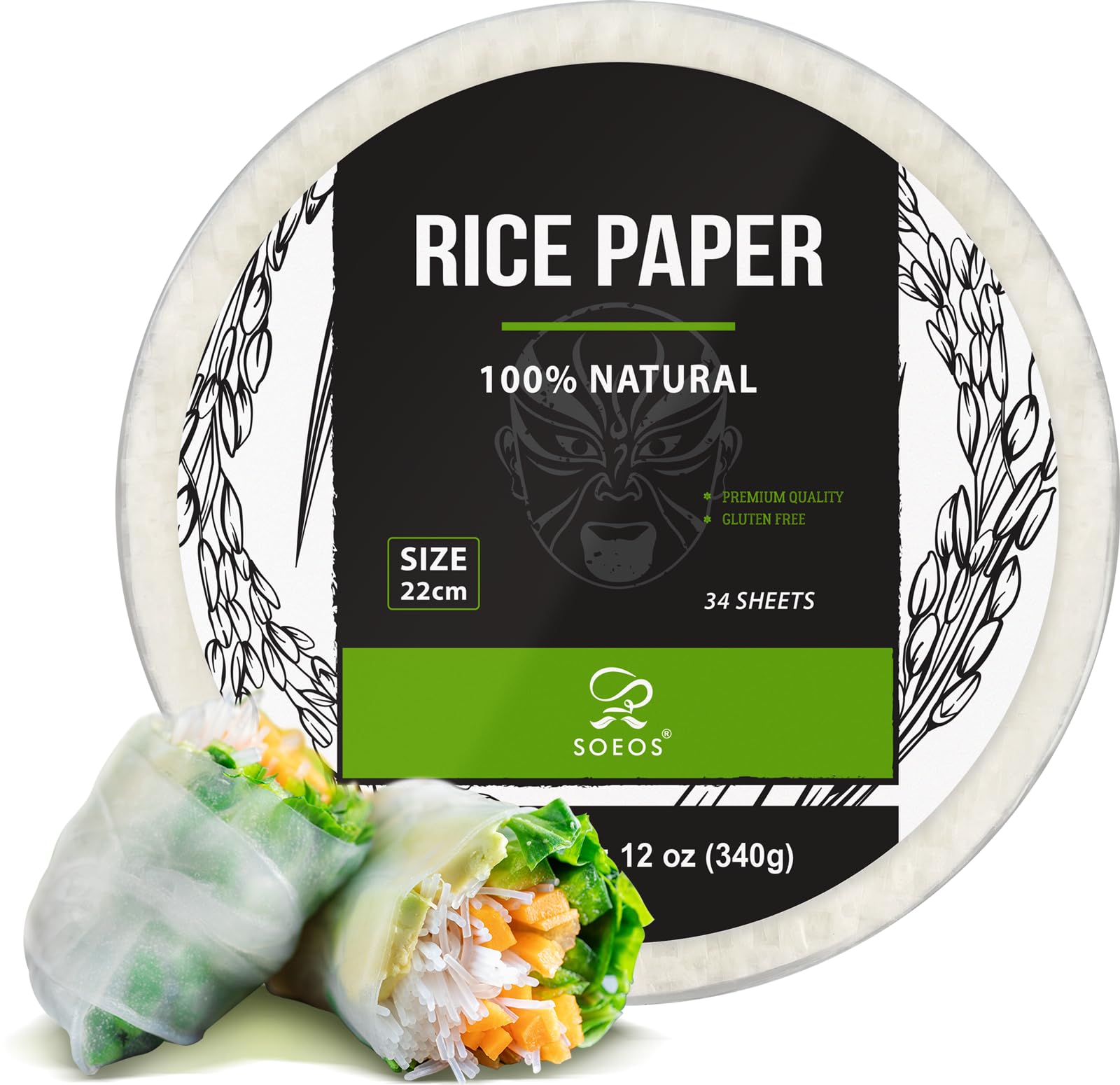 Soeos Rice Paper, White Rice Paper Wrappers, 1 Pack, 34 Sheets-Fresh Spring Roll Wrappers & Dumplings, Non-Gmo, Gluten-Free, Low Carb, Vietnamese Rice Wraps (Round, 22Cm)
