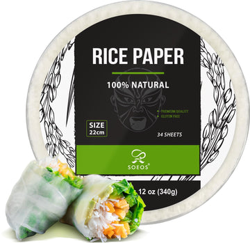 Soeos Rice Paper, White Rice Paper Wrappers, 1 Pack, 34 Sheets-Fresh Spring Roll Wrappers & Dumplings, Non-Gmo, Gluten-Free, Low Carb, Vietnamese Rice Wraps (Round, 22Cm)