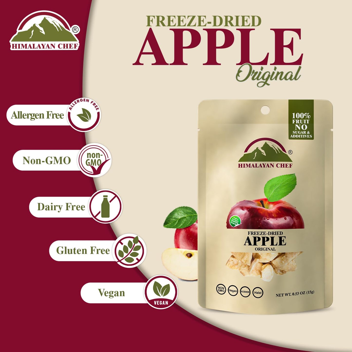 Himalayan Chef Freeze-Dried Fruit - 15G Freeze-Dried Apple, Healthy Organic Fruits Snacks For Kids & Adults | Baby Snacks, Glute