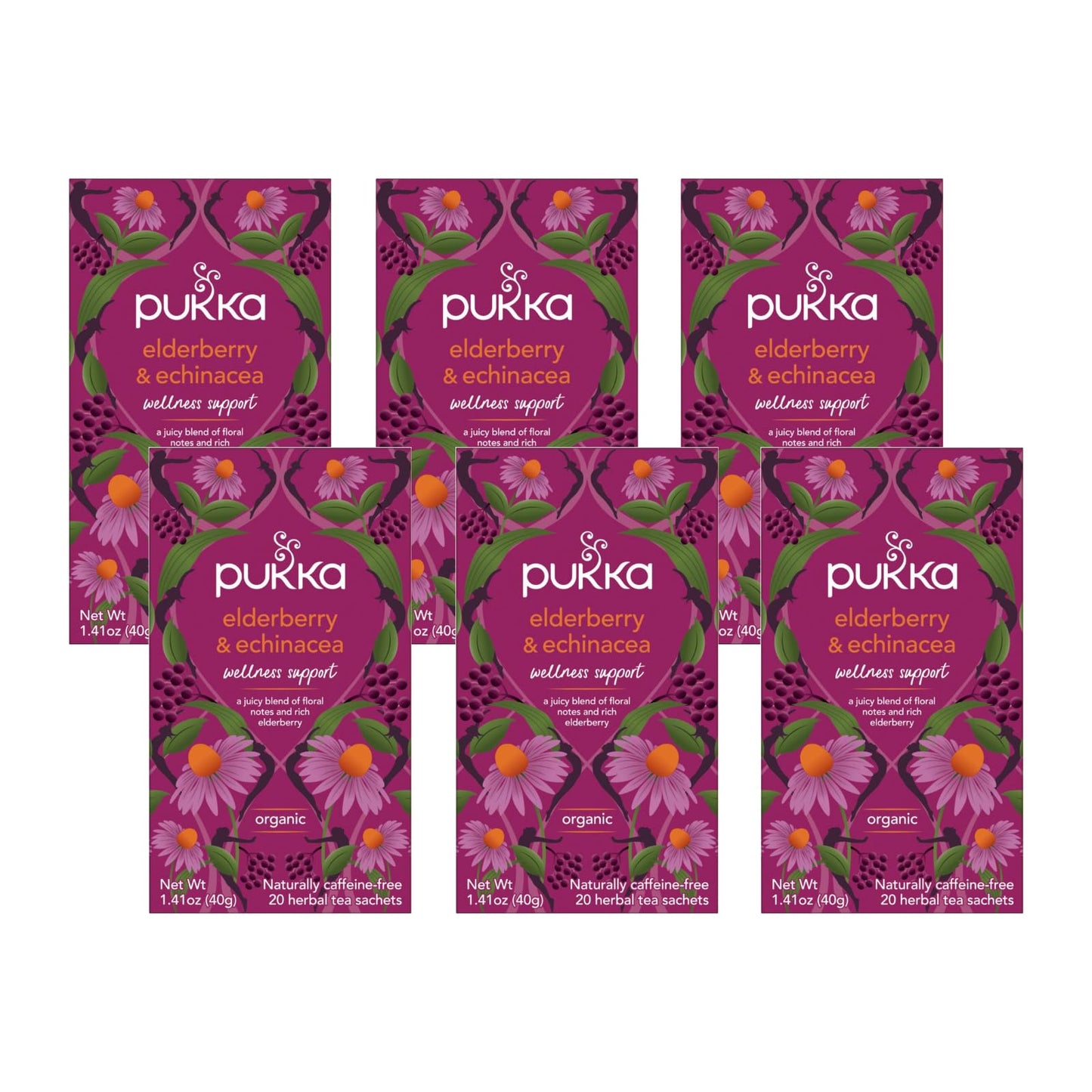 Pukka Organic Tea Bags, Elderberry & Echinacea, 1 Count (Pack of 6), 120 Tea Bags, Herbal Tea for Wellness Support