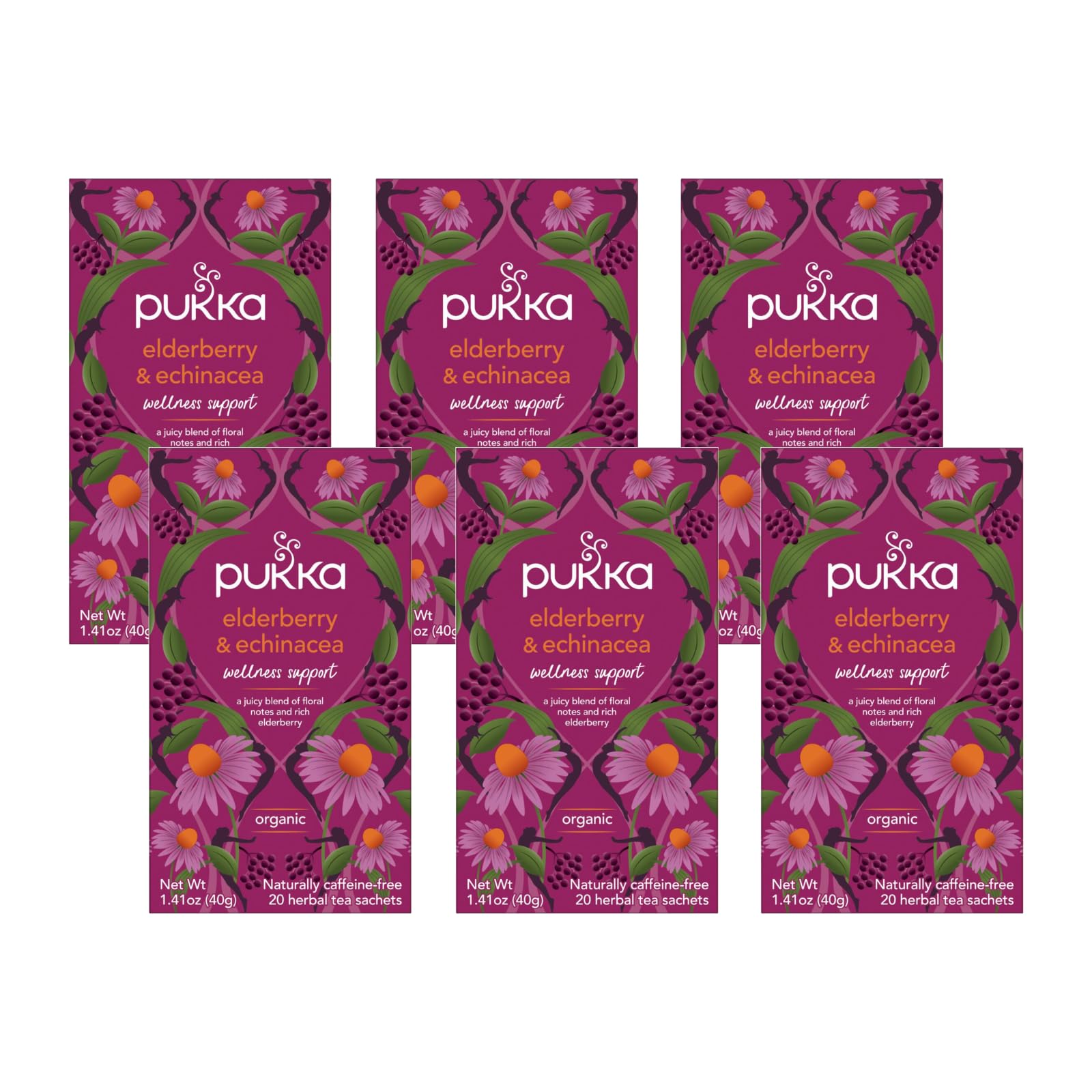 Pukka Organic Tea Bags, Elderberry & Echinacea, 1 Count (Pack of 6), 120 Tea Bags, Herbal Tea for Wellness Support