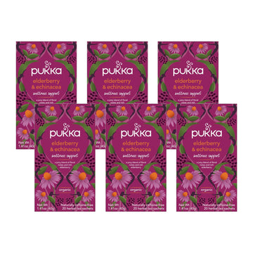 Pukka Organic Tea Bags, Elderberry & Echinacea, 1 Count (Pack of 6), 120 Tea Bags, Herbal Tea for Wellness Support