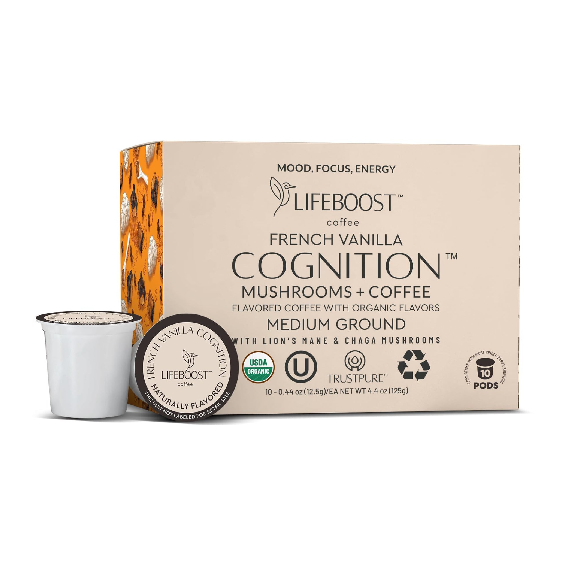 Lifeboost French Vanilla Cognition Mushroom Coffee Pods - Low Acid Organic K-Cups With Lions Mane & Chaga Nootropic Mushrooms For Focus  Energy & Immune Support - 10 Count
