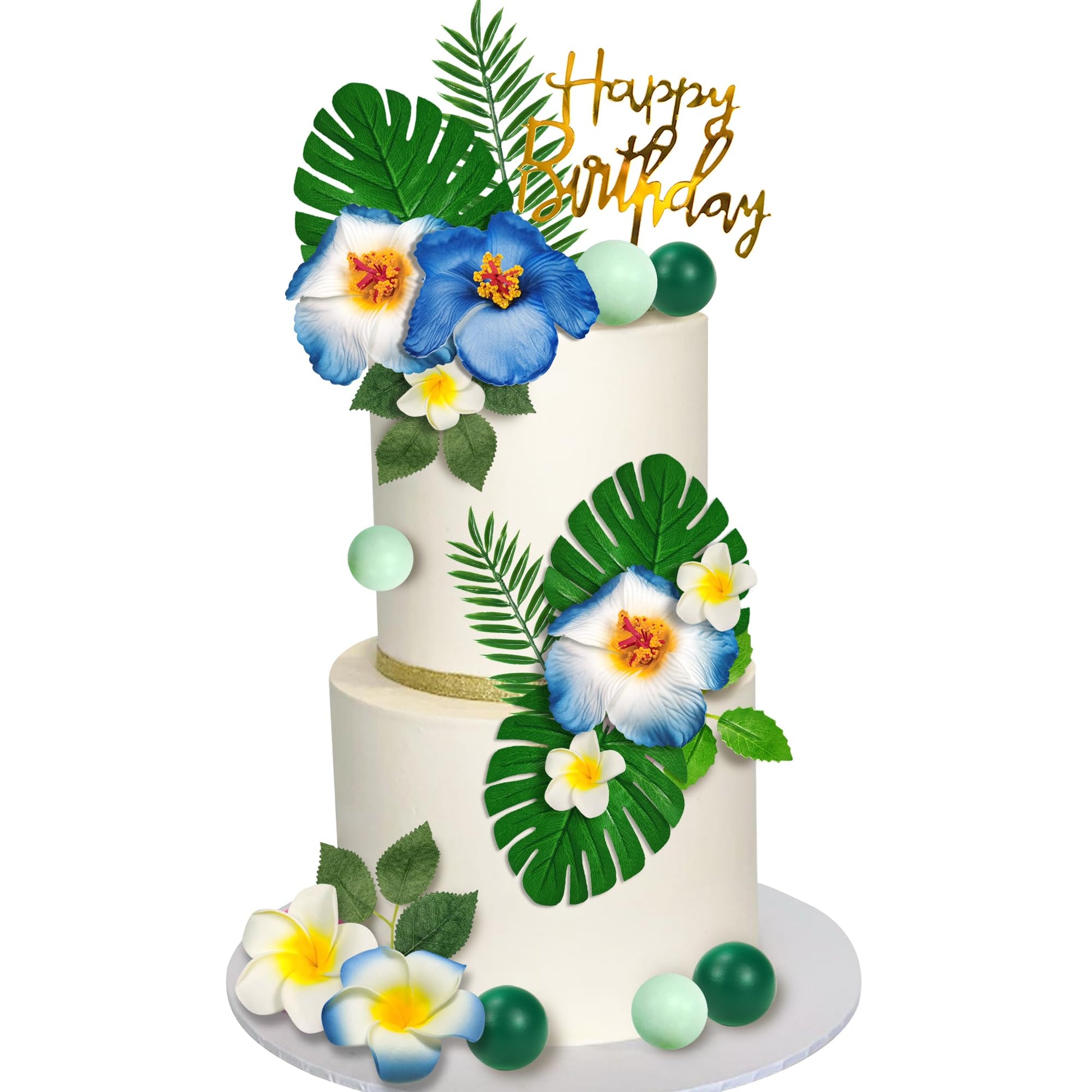 23 Pcs Flower Cake Topper Hawaiian Cake Decorations With Palm Leaves Hibiscus Flowers Balls For Hawaii Aloha Jungle Summer Theme