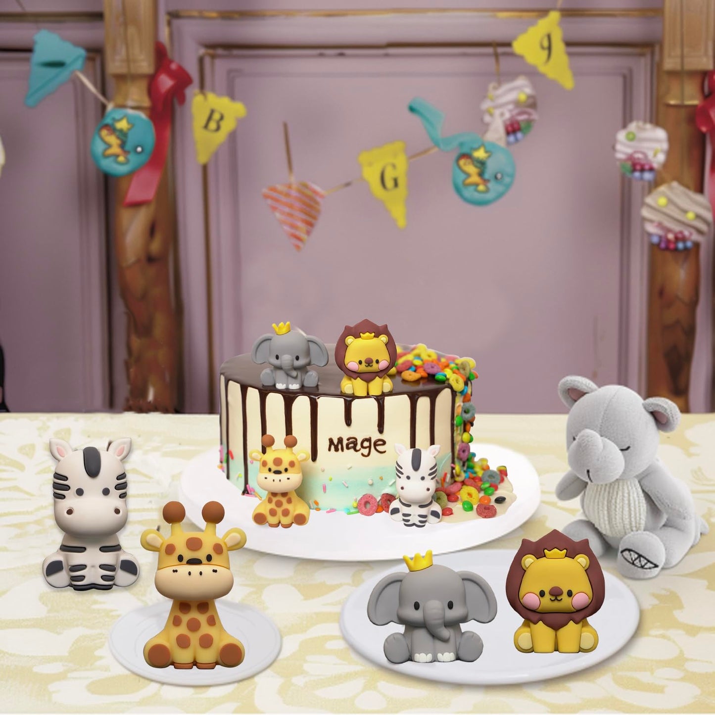 Mage Gifts Jungle Safari Animal Cake Toppers, Lion, Giraffe, Zebra, Elephant For Wild Animals Themed Birthday Baby Shower Party