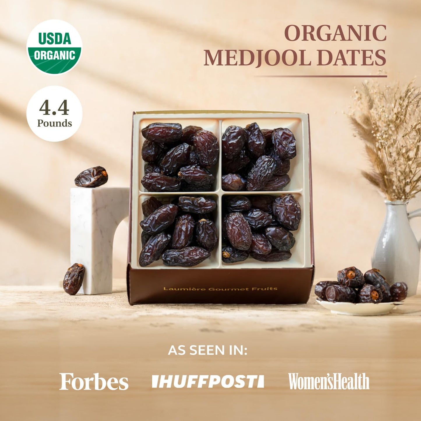 Laumiere Gourmet Fruits - Organic Jumbo Medjool Dates - Halal - 4.4 Lbs - Hygienic Tray Pack - Sealed With Nitrogen - Produced A