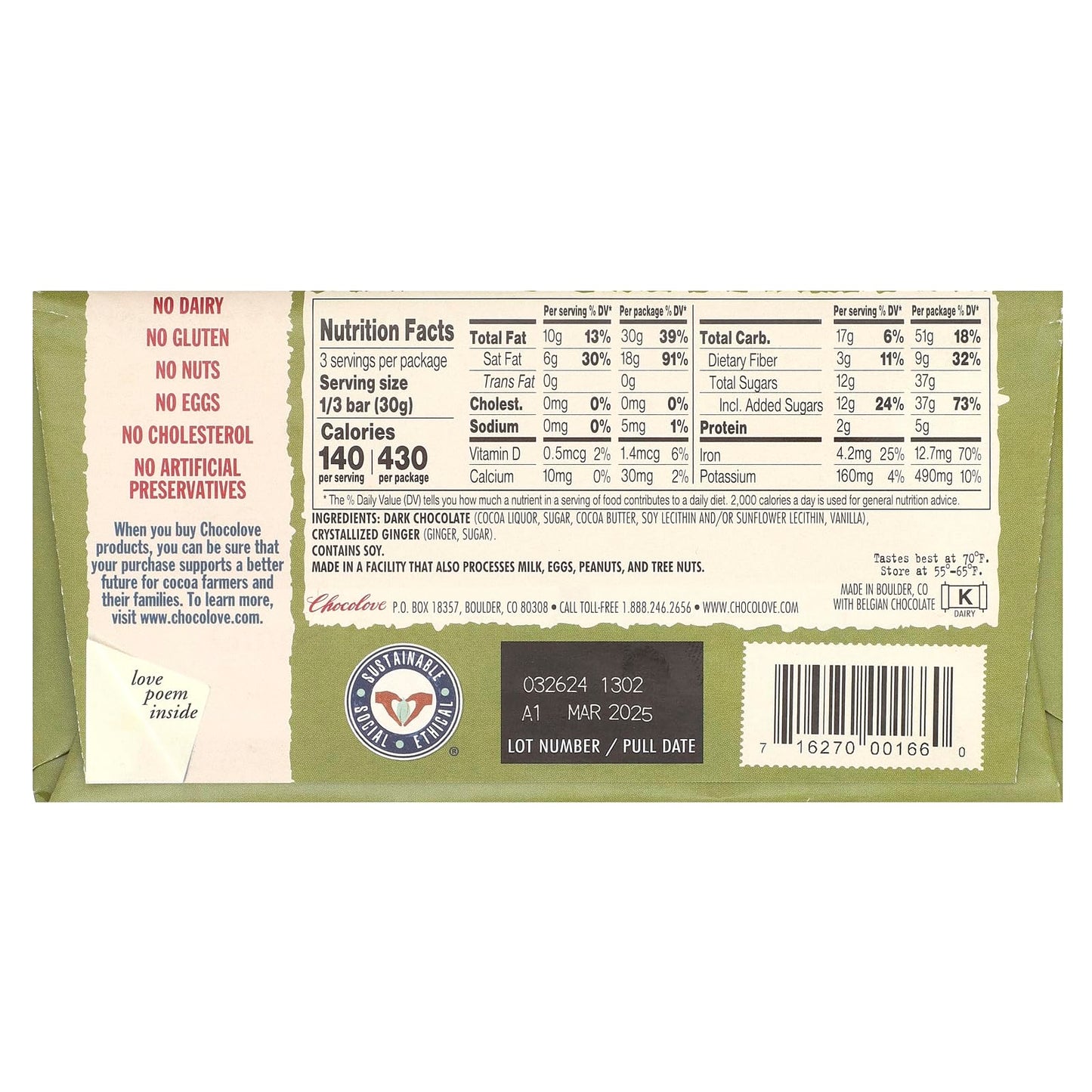 Chocolove Chocolate Bar dark Ginger Crystalized, 3.2 oz