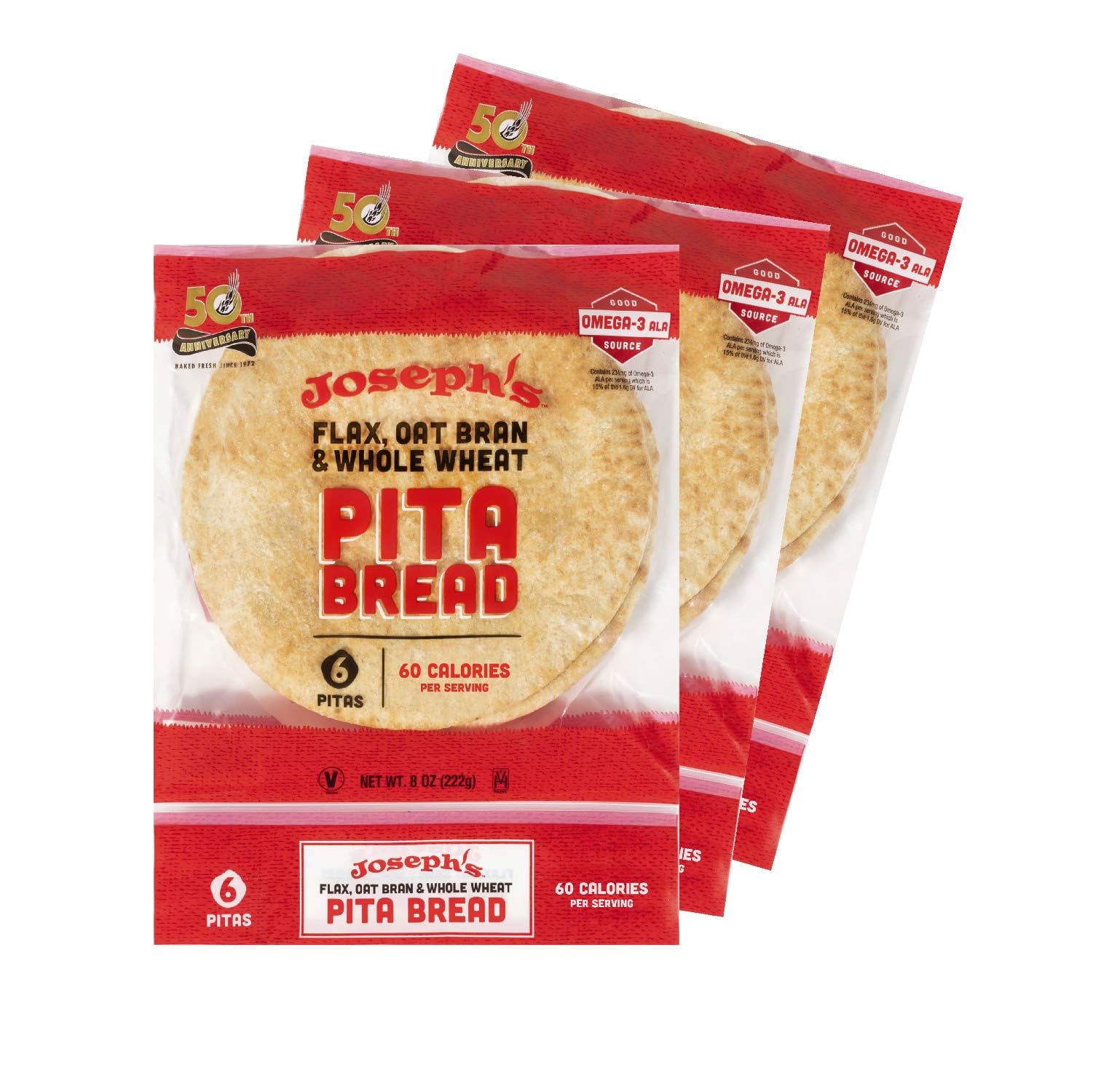 Josephs Pita Bread Reduced Carb, Flax Oat Bran & Whole Wheat, 18 Count, 7g Net Carbs per Serving