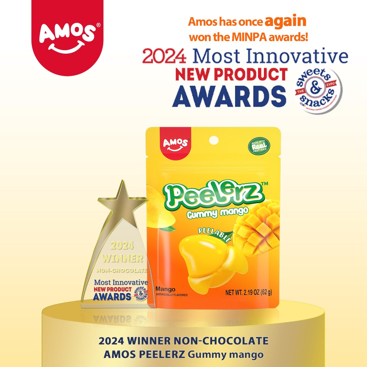 Amos Peelerz Gummy Variety Pack - 5 Individual Packs Peelable Candy With 2 Mango, 1 Grape, 1 Orange & 1 Banana