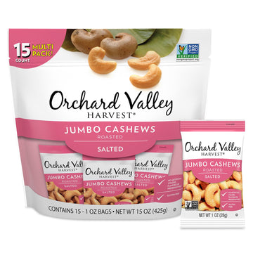 Orchard Valley Harvest Jumbo Cashews  1 oz Bags (Pack of 15)  Whole Roasted Salted Cashews  Gluten Free  No Artificial Colors  Flavors or Preservatives  Non-GMO  Snacks for mature-themeds