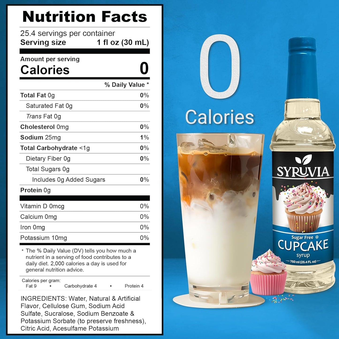Syruvia Sugar-Free Cupcake Coffee Syrup - 25.4 fl oz Premium Coffee Flavoring Syrup. 0 Calories, Kosher, and Gluten-Free. Ideal