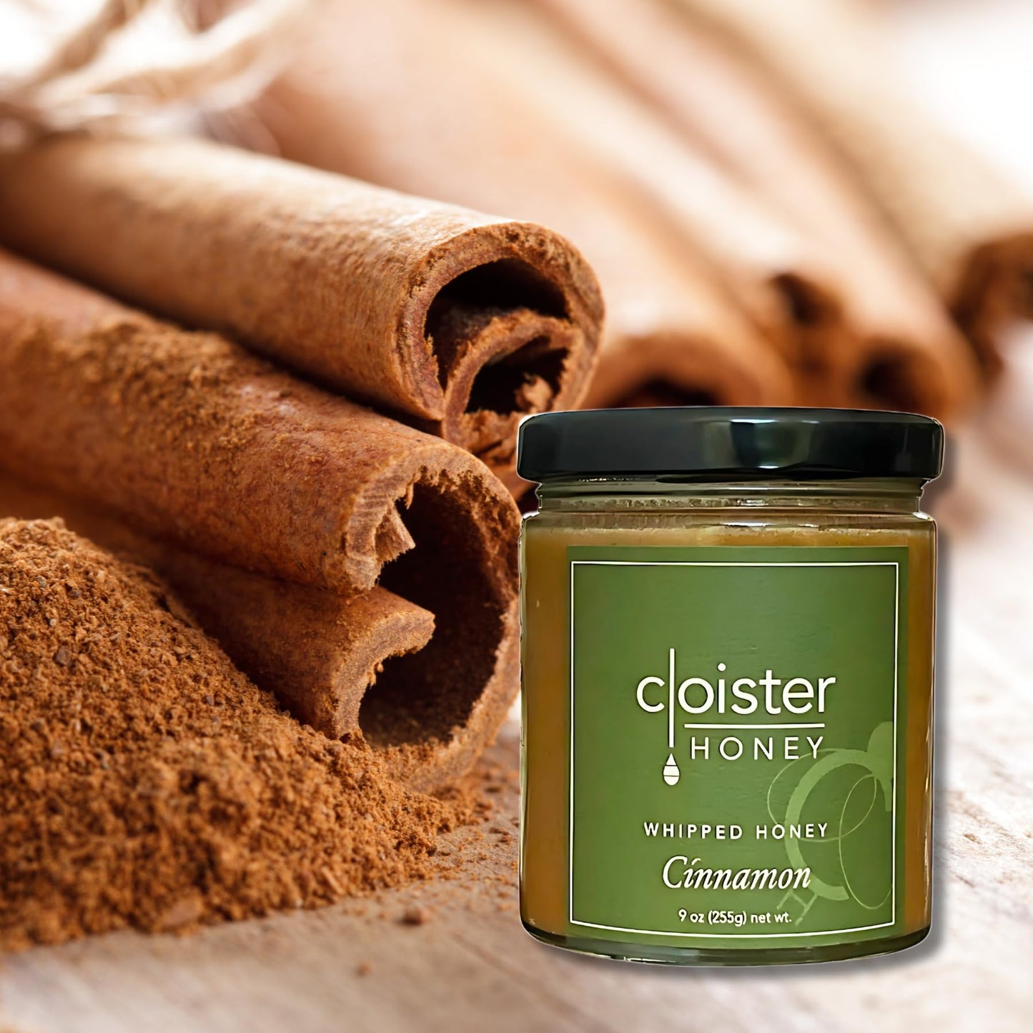 Cloister Honey Whipped Honey - Cinnamon (9 Oz) | Hand Crafted | Raw Artisan Honey | 100% Pure, Raw & Unfiltered | All Natural |