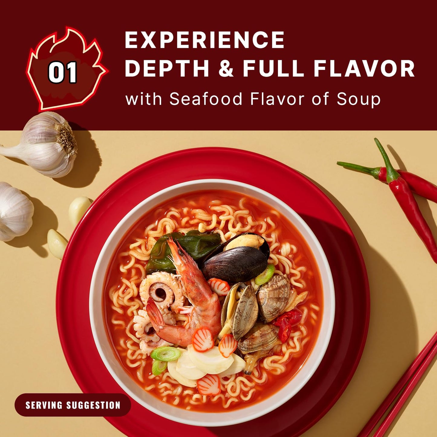 SAMYANG Instant Korean Ramen Noodles, Garlic & Clam Flavor, Spicy Soup, 4 Bags (3.88 OZ each)