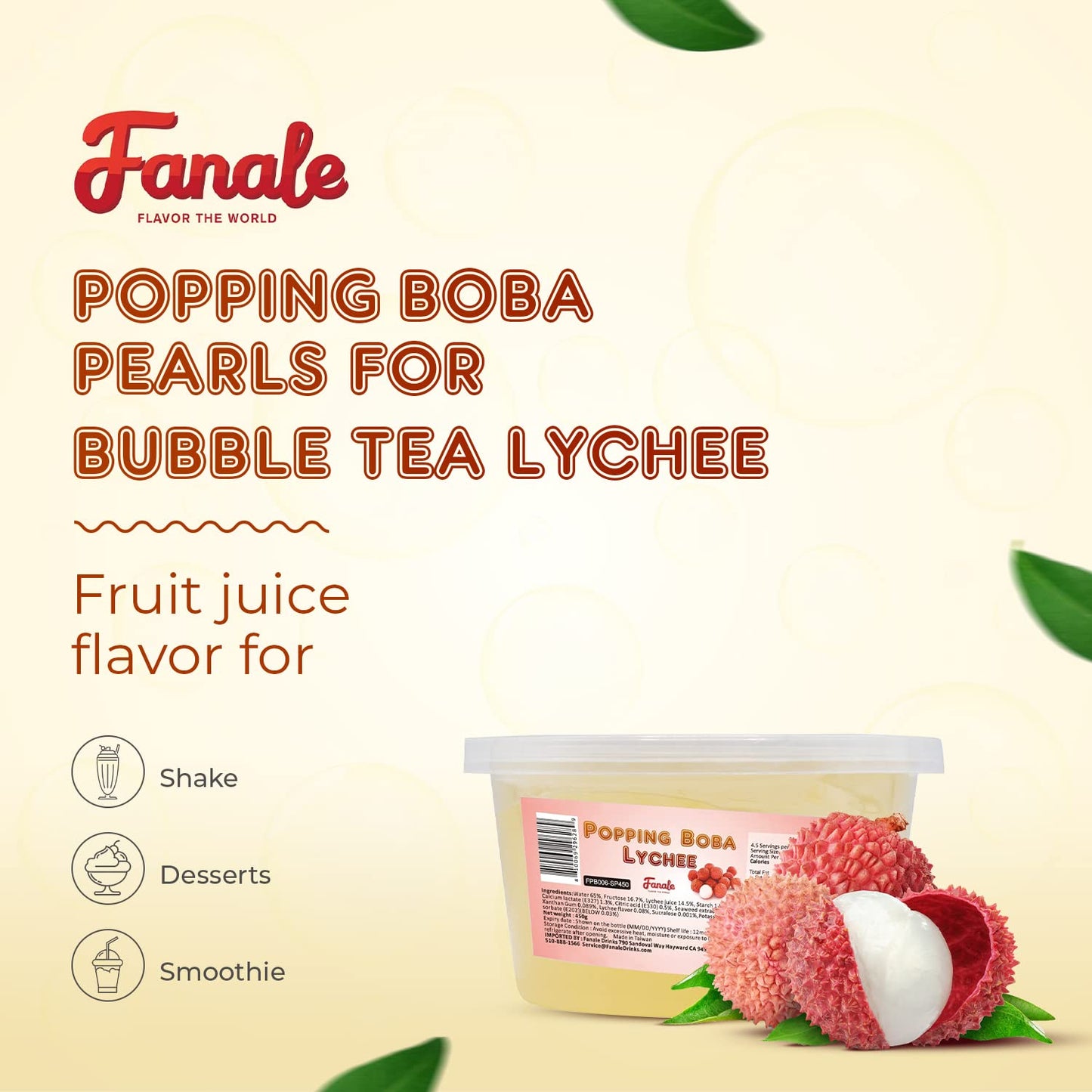 Fanale Lychee Popping Boba, 100% Fat Free, Vegan, Bursting Boba Pearls, Flavored Pearls for Bubble Tea, Shakes, Desserts & Smoot