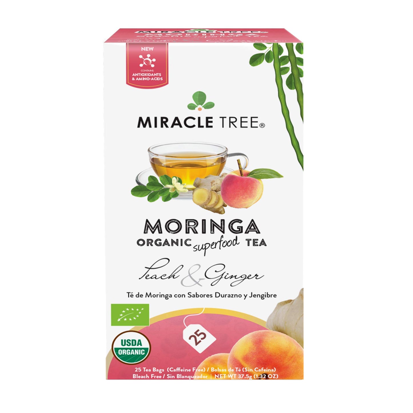 Tree Organic Moringa Tea, Peach & Ginger, 25 Individually Sealed Bags, Vegan, Gluten-Free, Caffeine-Free