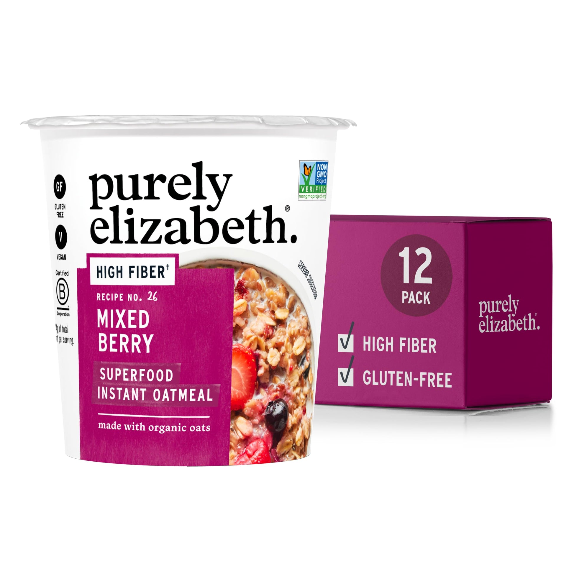 Purely Elizabeth Superfood Oatmeal Cup with Prebiotic Fiber, Mixed Berry, Vegan Friendly, Organic, Gluten Free & Non-GMO, 1.76 O