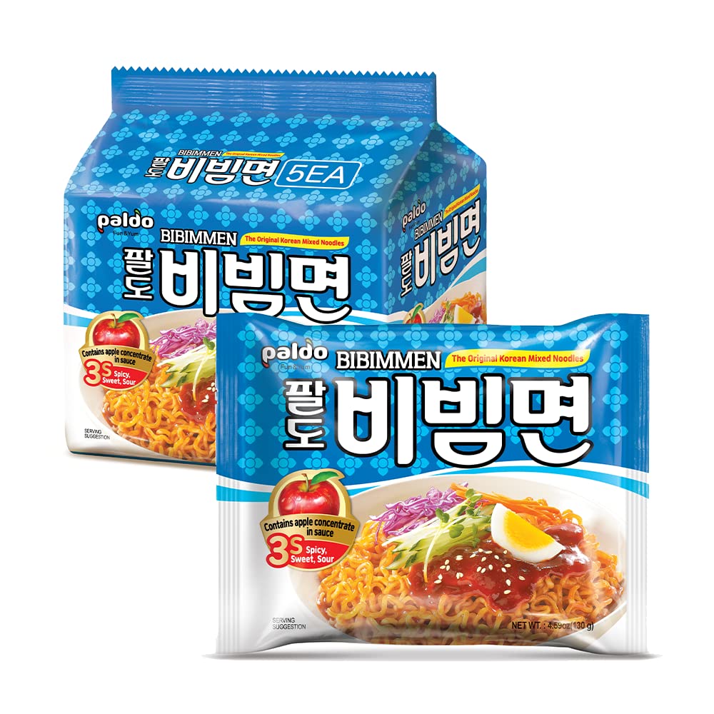 Paldo Fun & Yum Bibim Men Instant Cold Noodles, Pack Of 5, Brothless Cold Ramen With Sweet & Spicy Seasoning Sauce, Oriental Sty