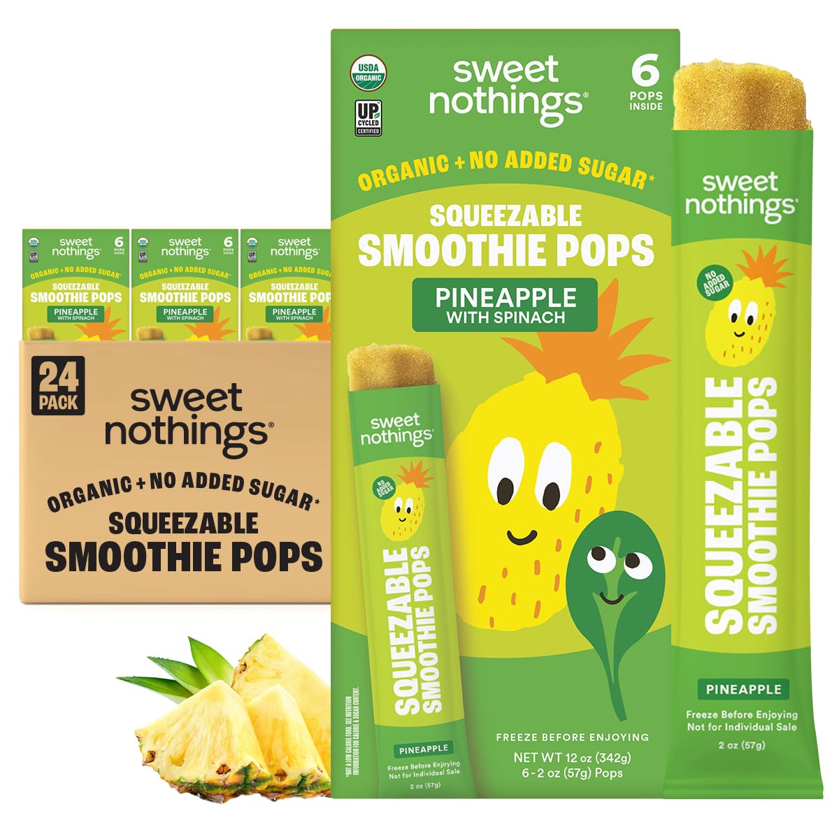Sweet Nothings, Pineapple, USDA Organic Kids' Squeezable Super Fruit Smoothie Freezie Popsicle Pops, Value Pack of 24 - Dye-Free