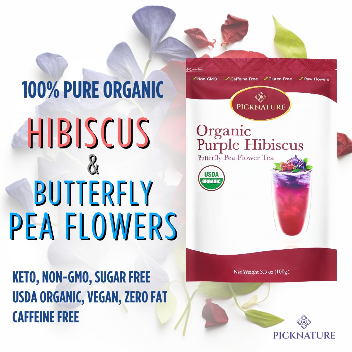 PICKNATURE Purple Hibiscus Tea & Butterfly Pea Flower Tea | 3.5 oz Loose Leaf | USDA Organic Herbal Tea Gifts