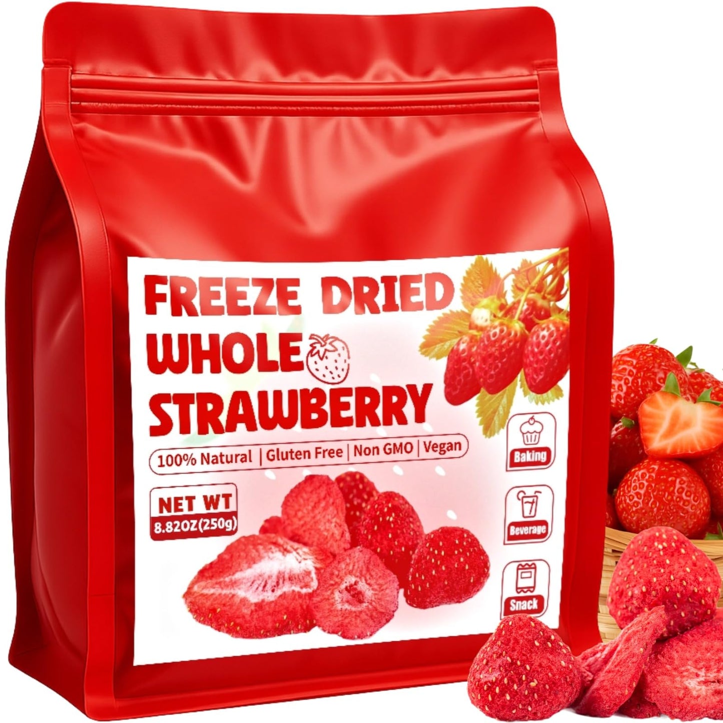 8.82Oz Whole Freeze Dried Strawberry - 100% Natural Strawberry With Sugar  Vegan & Non Gmo  Dried Strawberries Perfect For Snack  Beverages  Baking  Ice Cream  Oatmeal(250G)