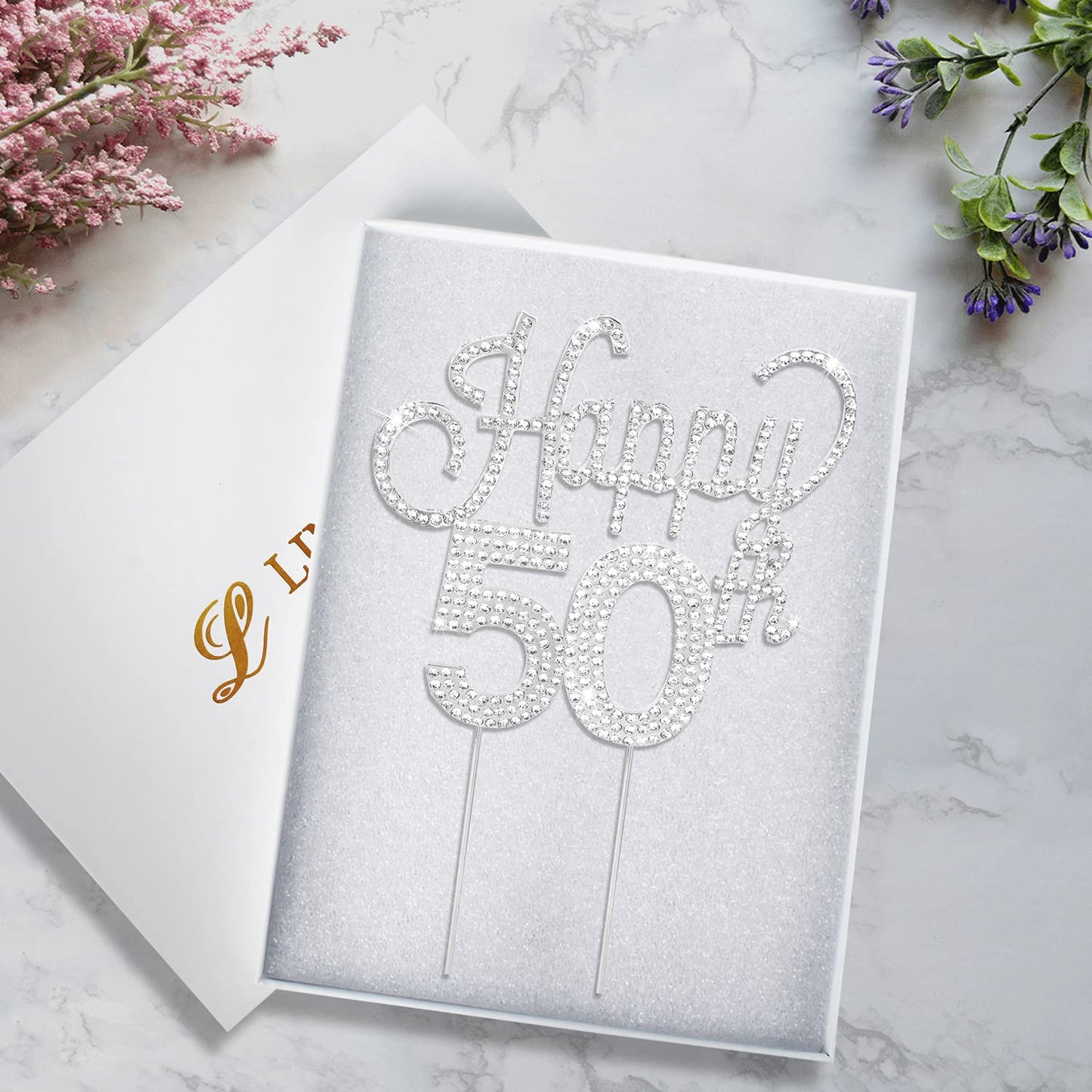 Lingteer Happy 50Th Birthday Silver Rhinestone Cake Topper - Cheers To 50Th Birthday Fifty Years Old Anniversary Party Cake Cent
